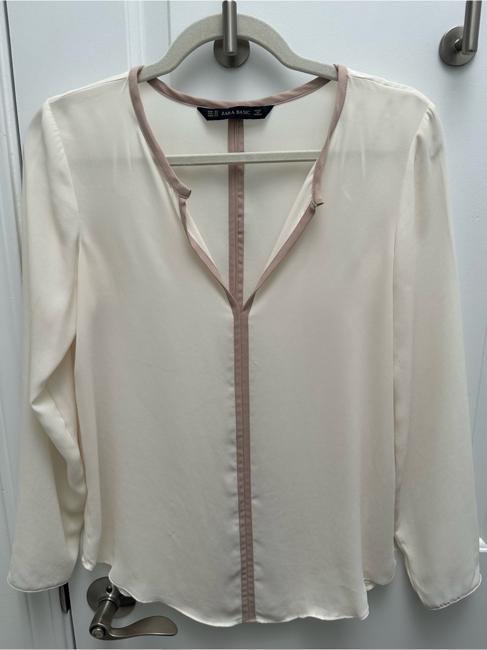 Zara Flowy Cream Blouse with Taupe Trim